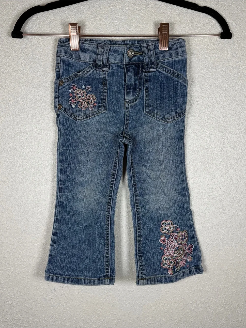 Vintage Y2K Toddler Girls 24M Floral Embroidered Flare Denim Jeans Hippie Casual